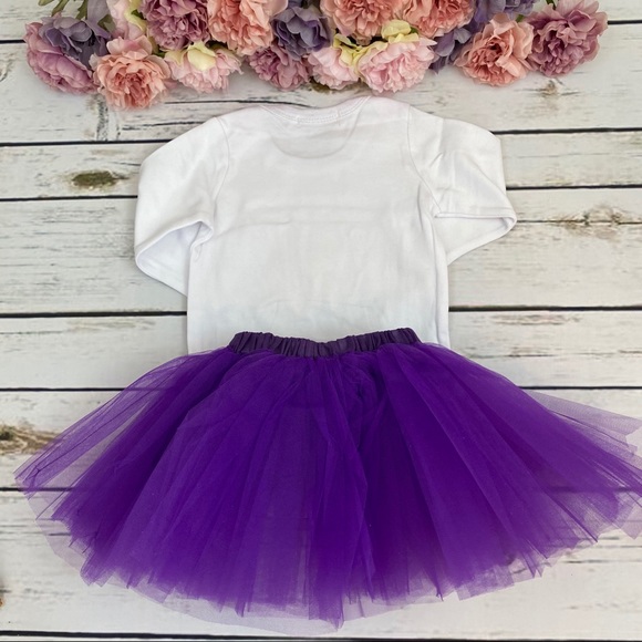 1st Birthday Outfit Matching Onesie Purple Tulle Skirt and Headband - Picture 9 of 14
